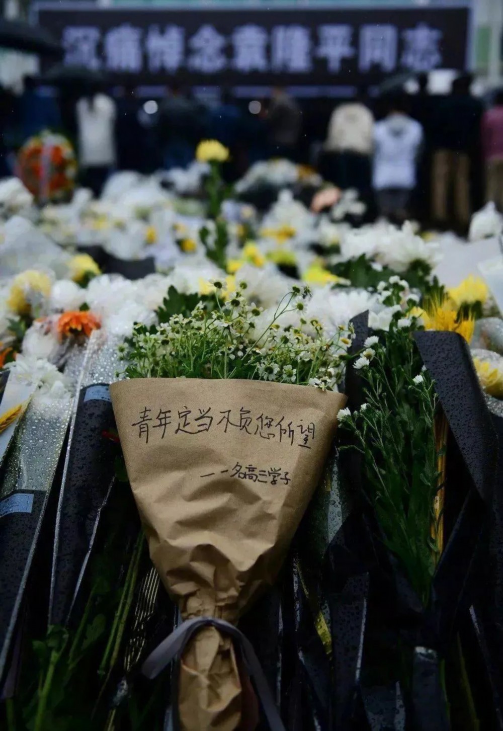 ▲5月23日明阳厅台阶下方的草地上放满了群众前来悼念袁老的鲜花。