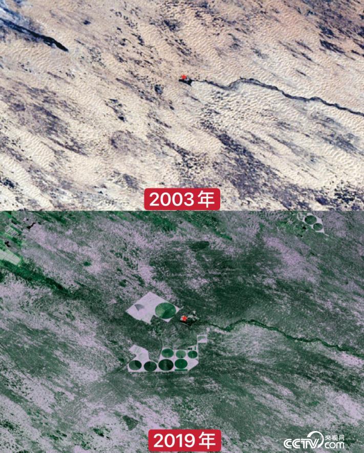 2003年到2019年毛乌素治沙造林基地卫星图对比。图/陕西省毛乌素生态试验站