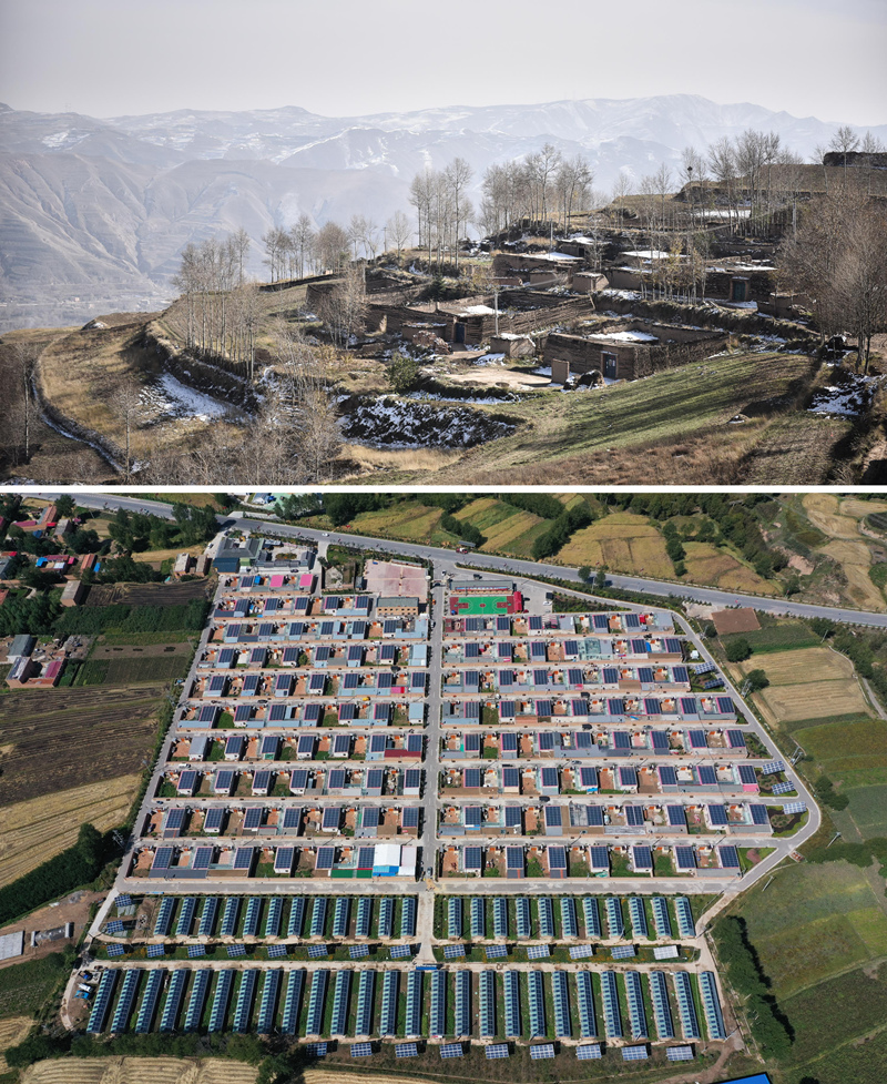 上图：脱贫前的青海省互助县班彦村村貌。摄于2016年11月。下图：现在的互助县班彦新村村貌。摄于2019年9月。