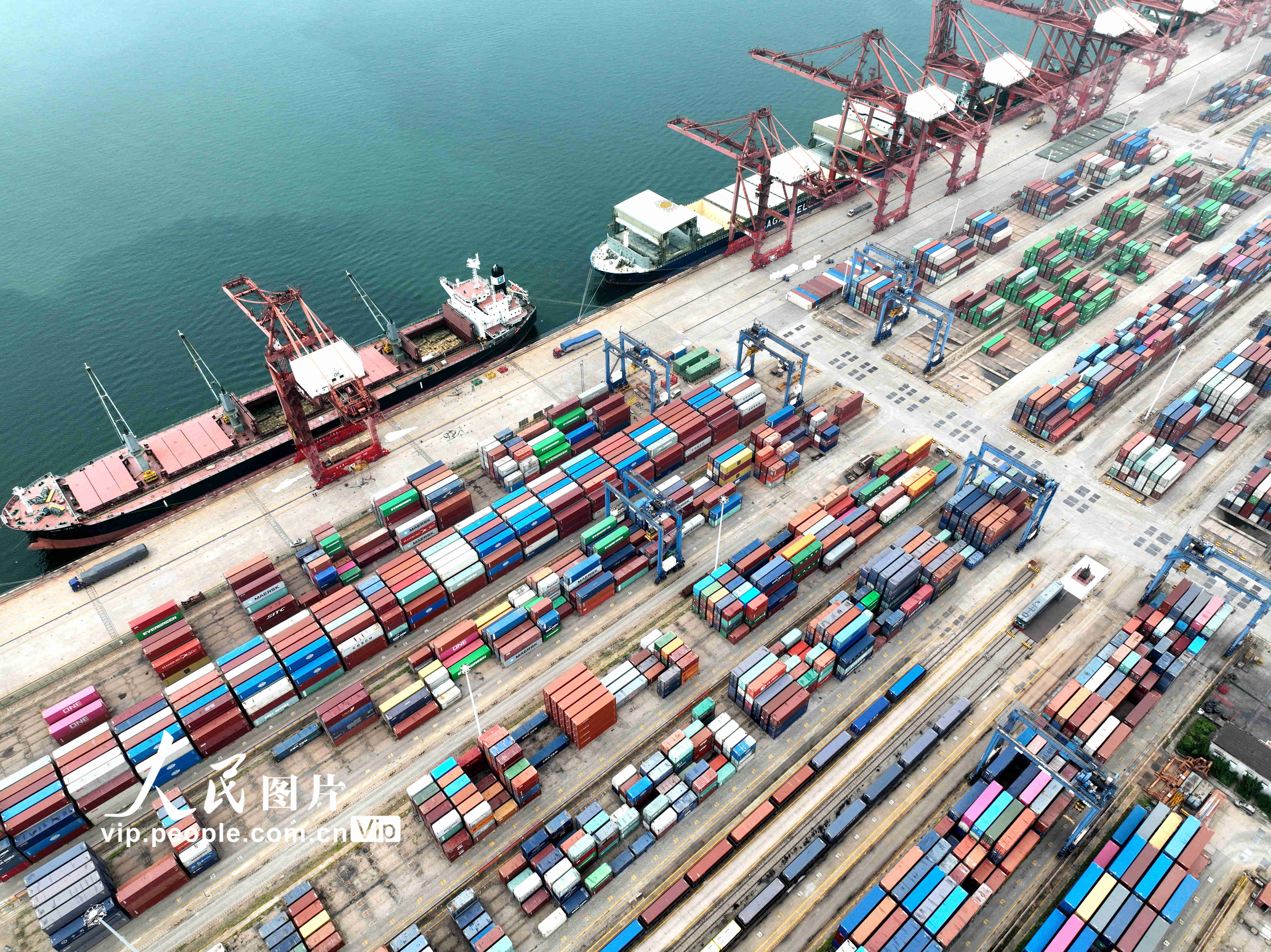 2022年8月10日，在江苏连云港港集装箱码头，大批集装箱等待装车发运。