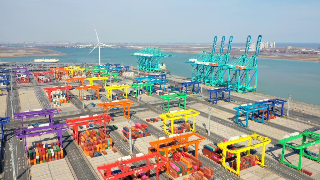 这是天津港全物联网集装箱码头（2023年2月21日摄，无人机照片）。（新华社记者赵子硕摄）
