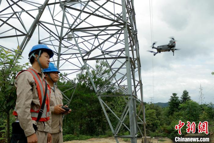 清流县供电部门工作人员在山上利用无人机对电力线路设备进行巡视。　危翠莲 摄