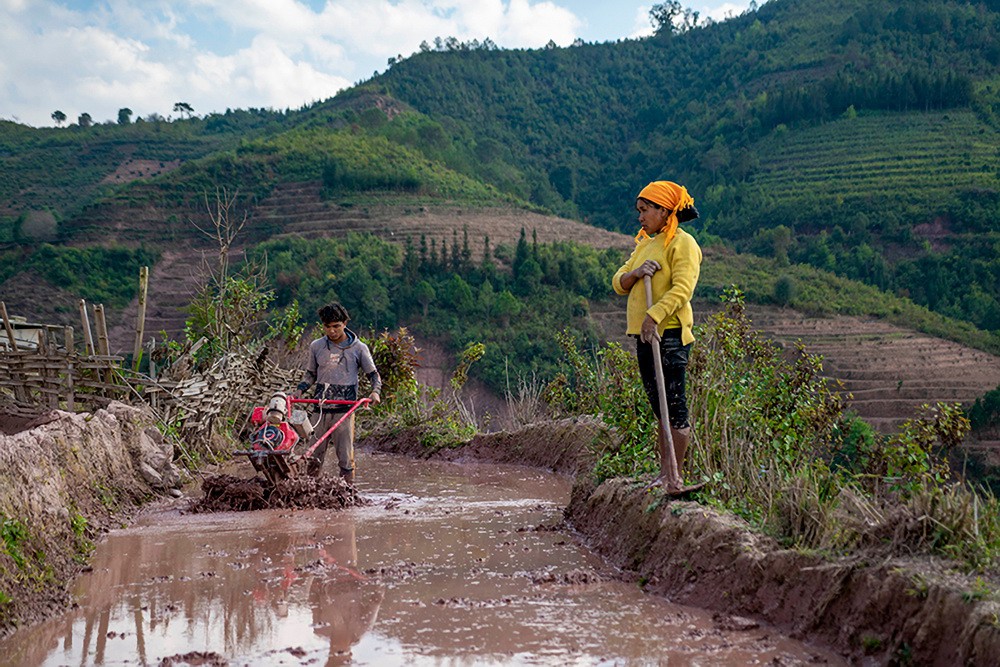 2月4日，两位农民在红河县三村乡南哈上寨梯田劳作。