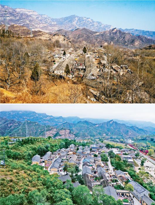 上图为脱贫前的阜平县顾家台村村貌(2013年2月23日摄)，下图为脱贫后的顾家台村新貌(2019年10月5日摄)。 人民图片 罗大庆/摄