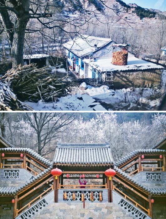 上图为2012年12月拍摄的脱贫前的阜平县骆驼湾村一户民居(新华社记者 庞兴雷/摄)，下图为2020年4月拍摄的脱贫后的骆驼湾村一处民宿(新华社记者 王晓/摄)。
