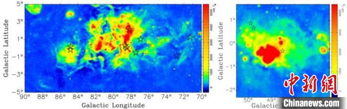 位于银河系本地旋臂(左)或人马旋臂(右)的新发现脉冲星(五角星)具有超常的色散量(DM)。　国家天文台 供图