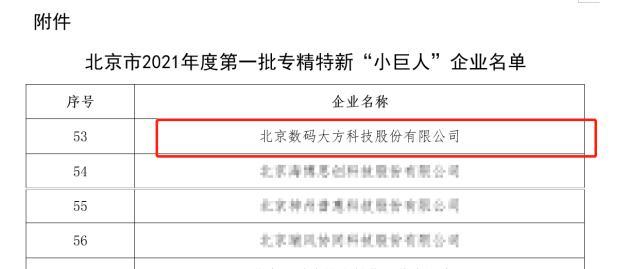 数码大方入选2021北京市首批专精特新“小巨人”企业
