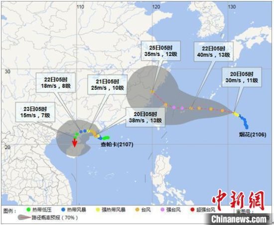 台风“查帕卡”和“烟花”7月20日05时预报路径图。　海南省气象服务中心 供图