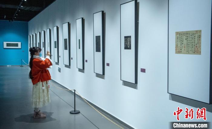 展览现场的书画、碑帖等珍贵文物吸引参观者拍照留念。　刘忠俊 摄