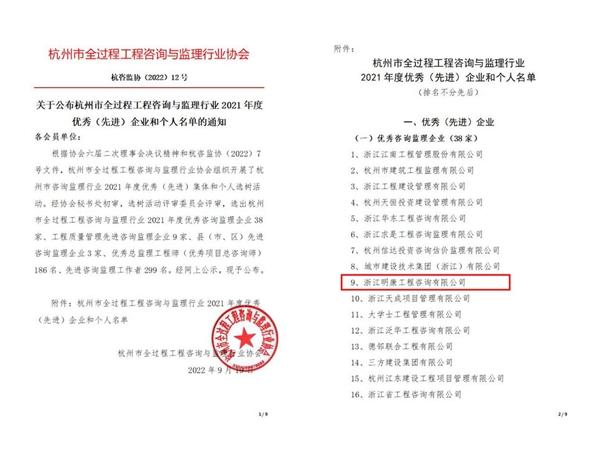 浙江明康工程咨询有限公司再获“杭州市优秀咨询监理企业”称号