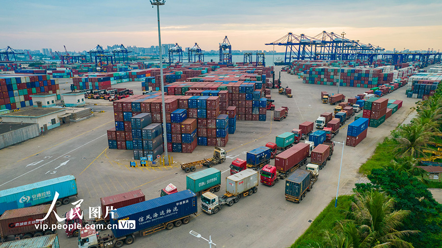 海口港集装箱码头一派繁忙景象，装载集装箱的车辆排队进出港口。