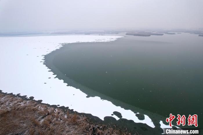 衡水湖，雪覆冰上，与未冻的水面交相映衬。　陈康 摄