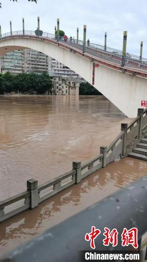 图为重庆綦江区城区上涨的洪水已进入滨江步道。　重庆市水利局供图