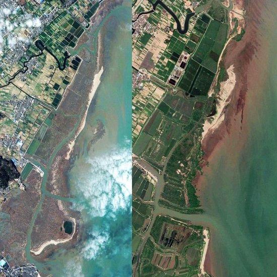 这是一张拼版照片：左图为2009年4月份的闽江河口湿地国家级自然保护区卫星图；右图为2020年6月份的闽江河口湿地国家级自然保护区卫星图。新华社发（闽江河口湿地国家级自然保护区供图）